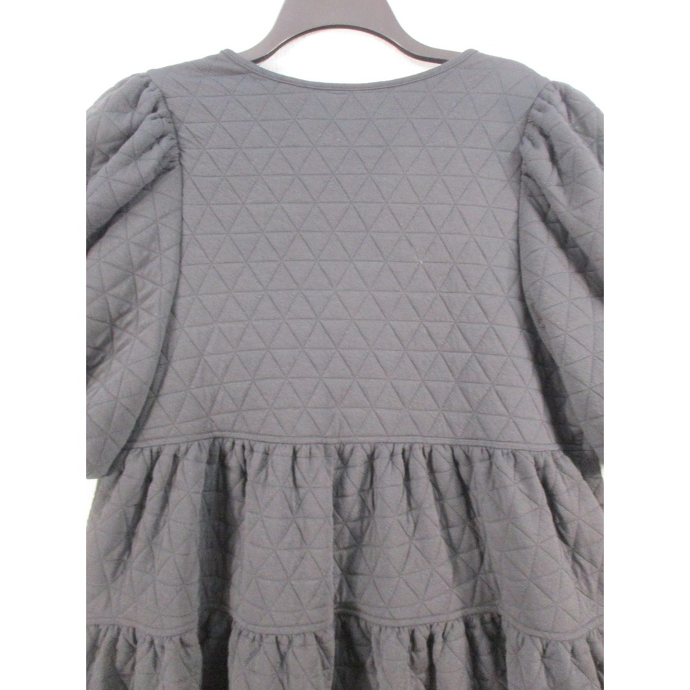 A New Day Black Quilted Puff Sleeve Tiered Babydoll Mini Dress Large L - Picture 8 of 9